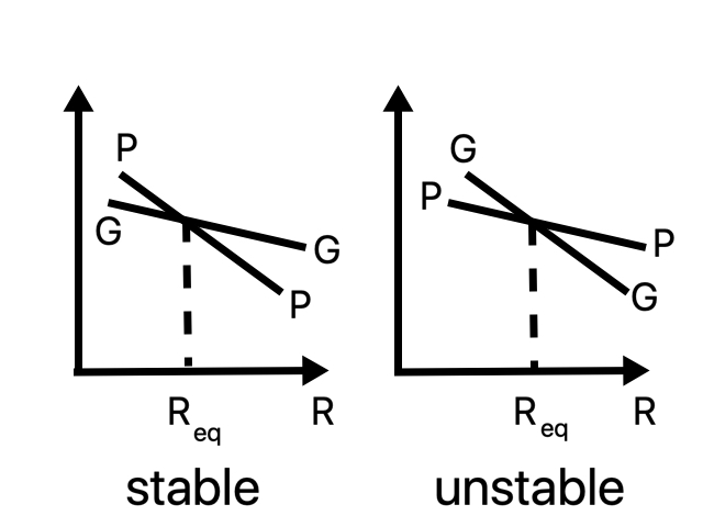 A toy model of stable vs. unstable equilibria of pressure (P) and gravity (G)